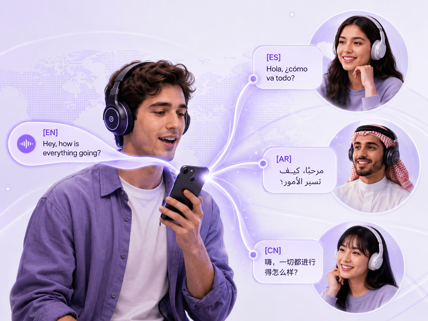 Parlar AI room showing a speaker and translated listening experience across languages